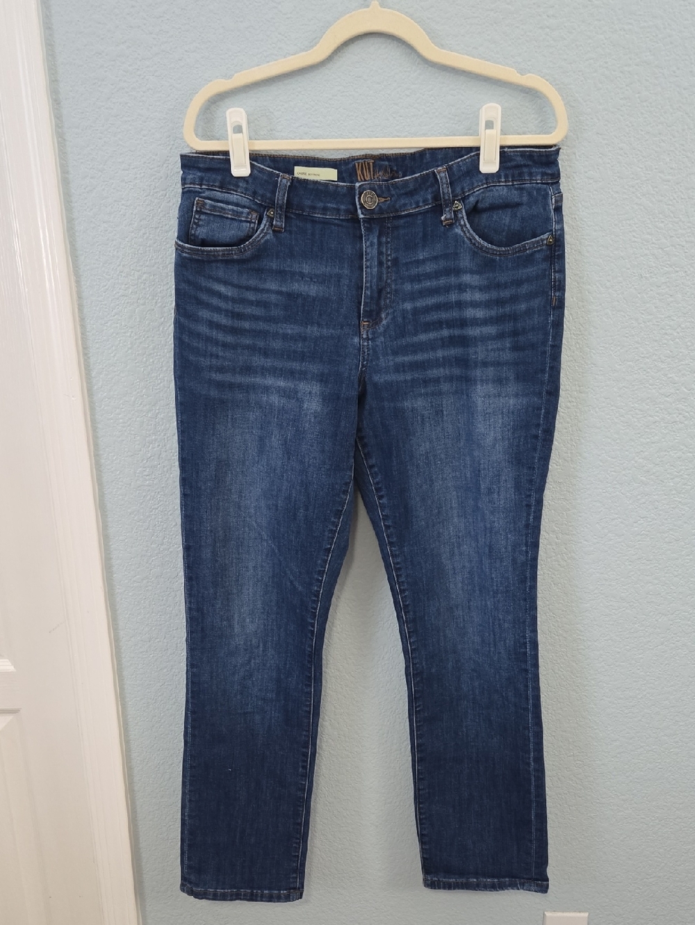 Kut from the Kloth Carrie Boyfriend Jeans Dark Blue Whiskered Skinny Sz 12